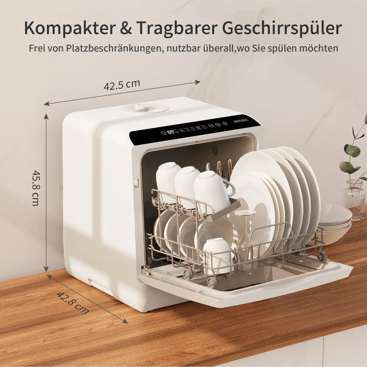 Airmsen TDQR03A Tischgeschirrspüler, kompakt, 5 Spülprogramme, 5L Wassertank 2