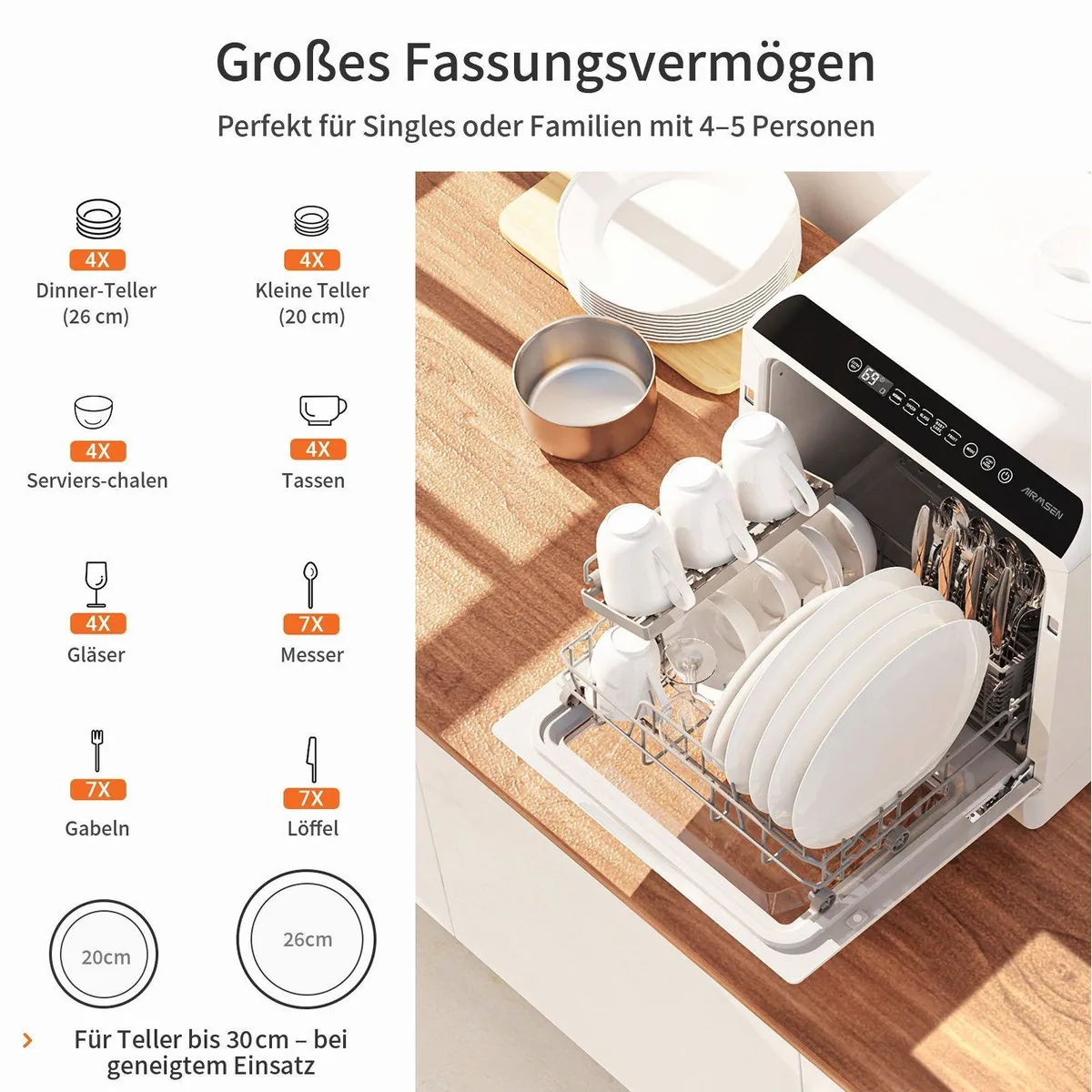 Airmsen TDQR03A Tischgeschirrspüler, kompakt, 5 Spülprogramme, 5L Wassertank 3