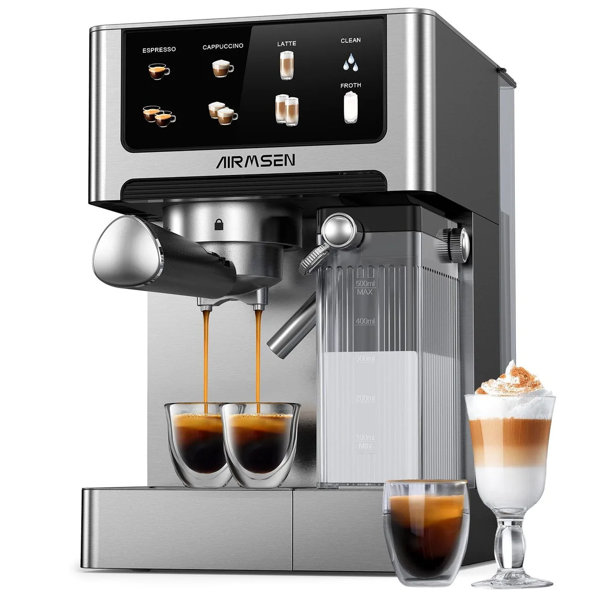 Airmsen Espressomaschine 20 Bar, automatischer Milchaufschäumer, Doppelkessel — 1,8L Wassertank, Edelstahlfilter, Touchscreen