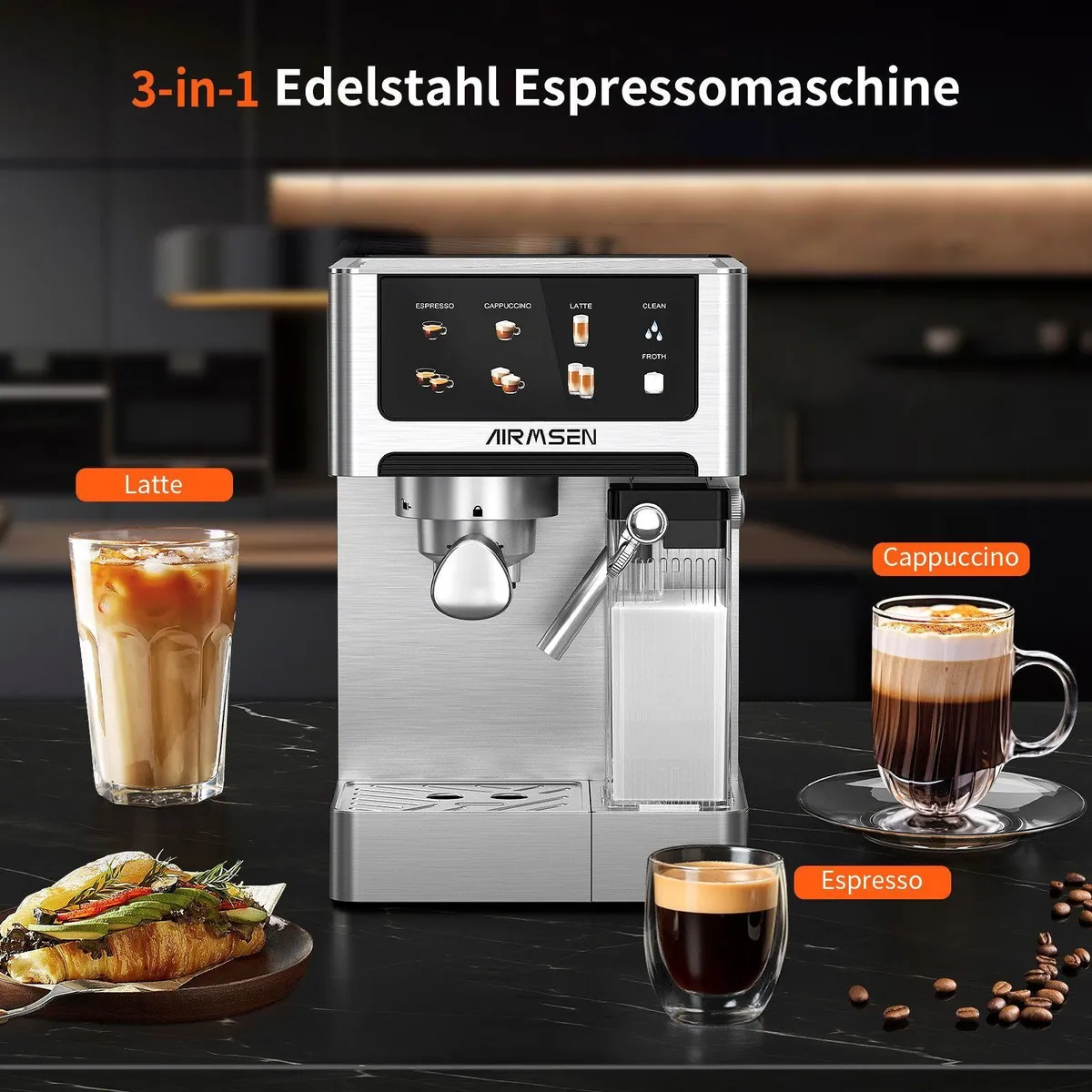 Airmsen Espressomaschine 20 Bar, automatischer Milchaufschäumer, Doppelkessel — 1,8L Wassertank, Edelstahlfilter, Touchscreen 2