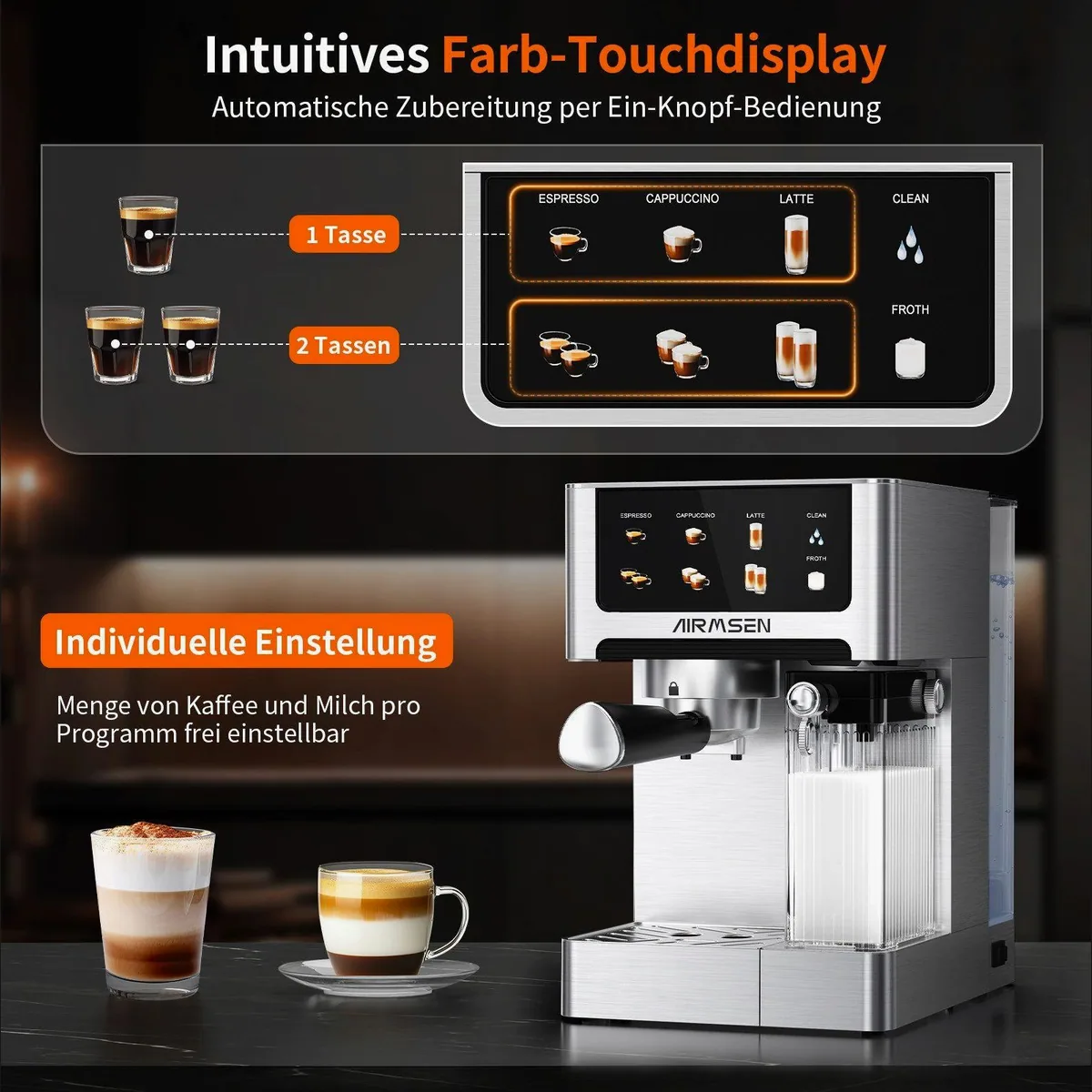 Airmsen Espressomaschine 20 Bar, automatischer Milchaufschäumer, Doppelkessel — 1,8L Wassertank, Edelstahlfilter, Touchscreen 3