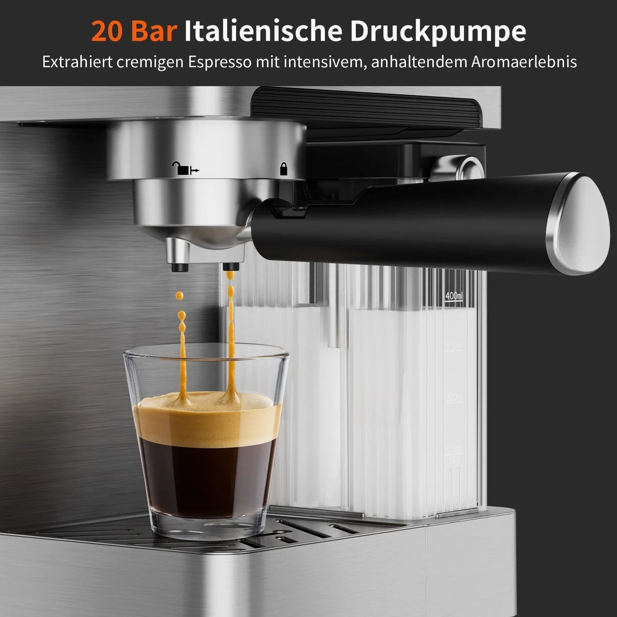 Airmsen Espressomaschine 20 Bar, automatischer Milchaufschäumer, Doppelkessel — 1,8L Wassertank, Edelstahlfilter, Touchscreen 4