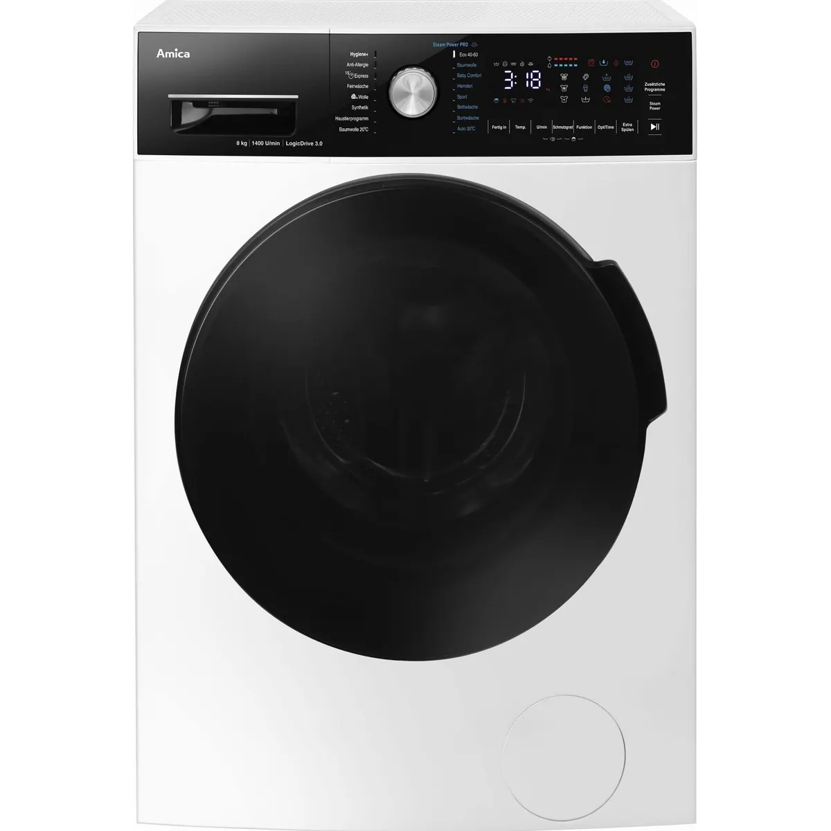 Amica WA 484 091 Waschmaschine, 8 kg Fassungsvermögen, 1400 U/min — Energieeffizienz A, AquaStop, AutoSense 3