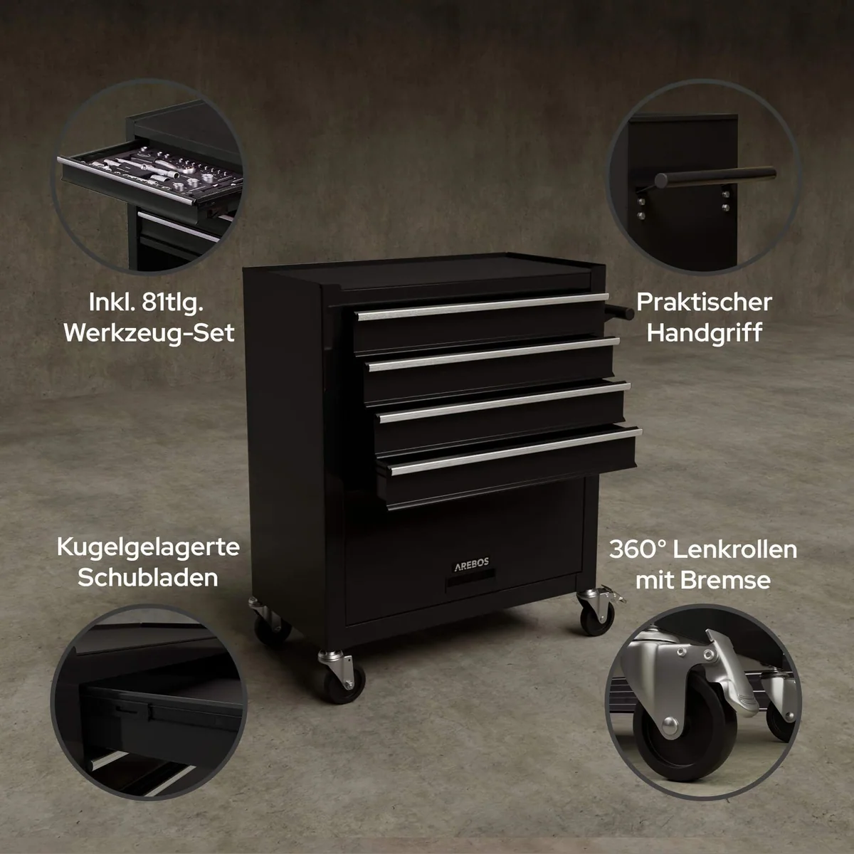 Arebos Werkstattwagen 81 tlg., robustes Stahlgehäuse, kratzfeste Arbeitsplatte 5