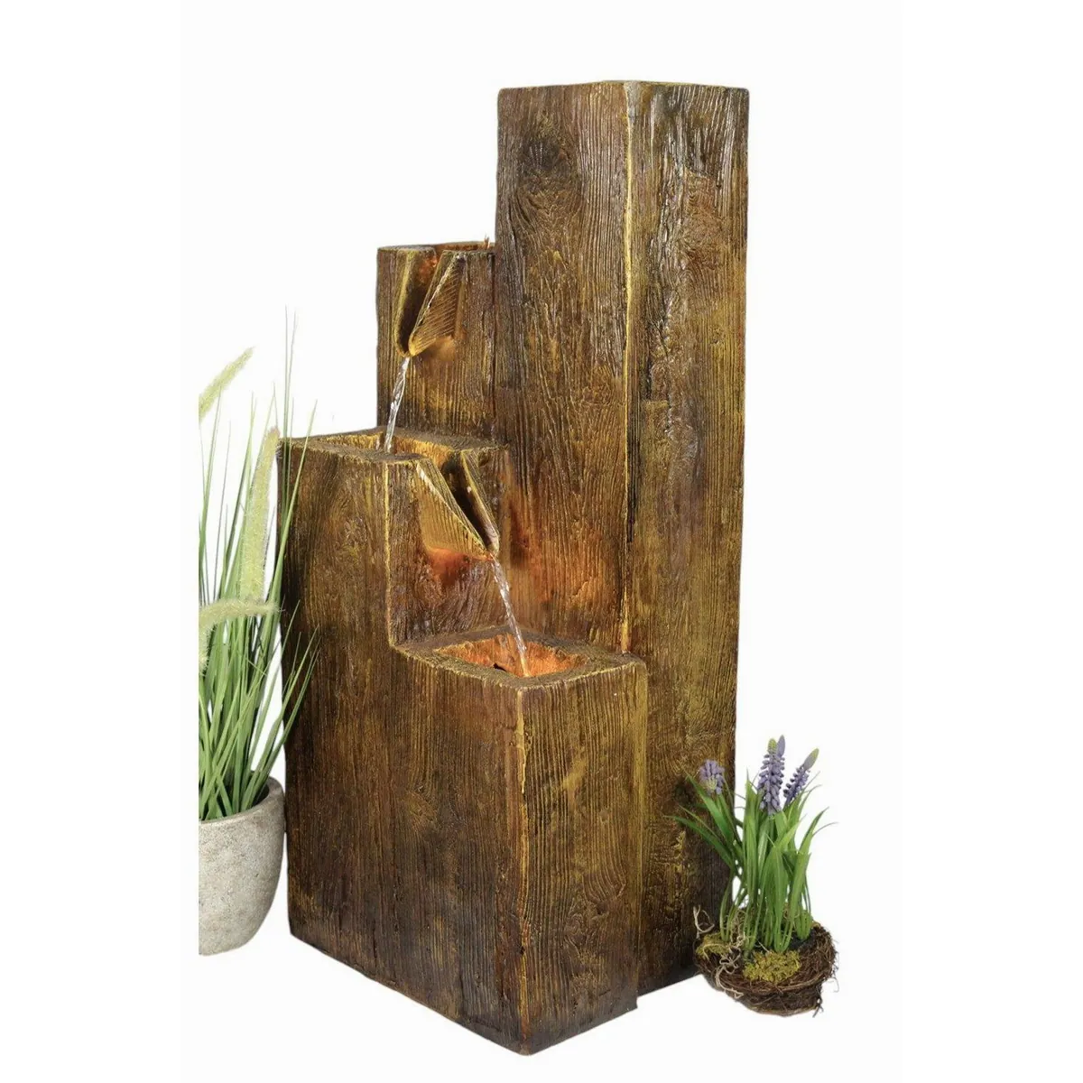 Arnusa Gartenbrunnen BK823, Holzoptik, 3x LED-Beleuchtung — 75 cm hoch, Komplett-Set