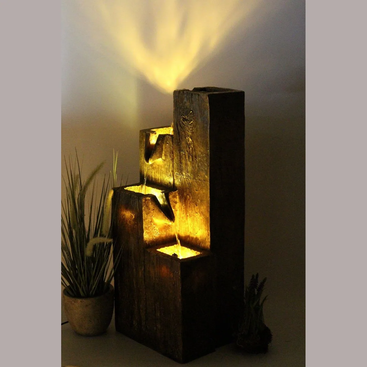 Arnusa Gartenbrunnen BK823, Holzoptik, 3x LED-Beleuchtung — 75 cm hoch, Komplett-Set 3