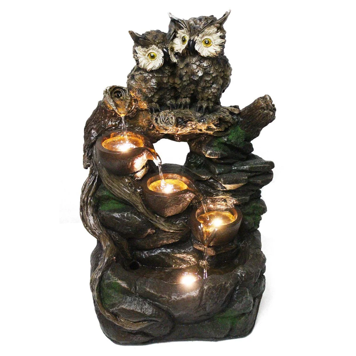 Arnusa Gartenbrunnen Eule, LED-Beleuchtung, detailreiche Verarbeitung