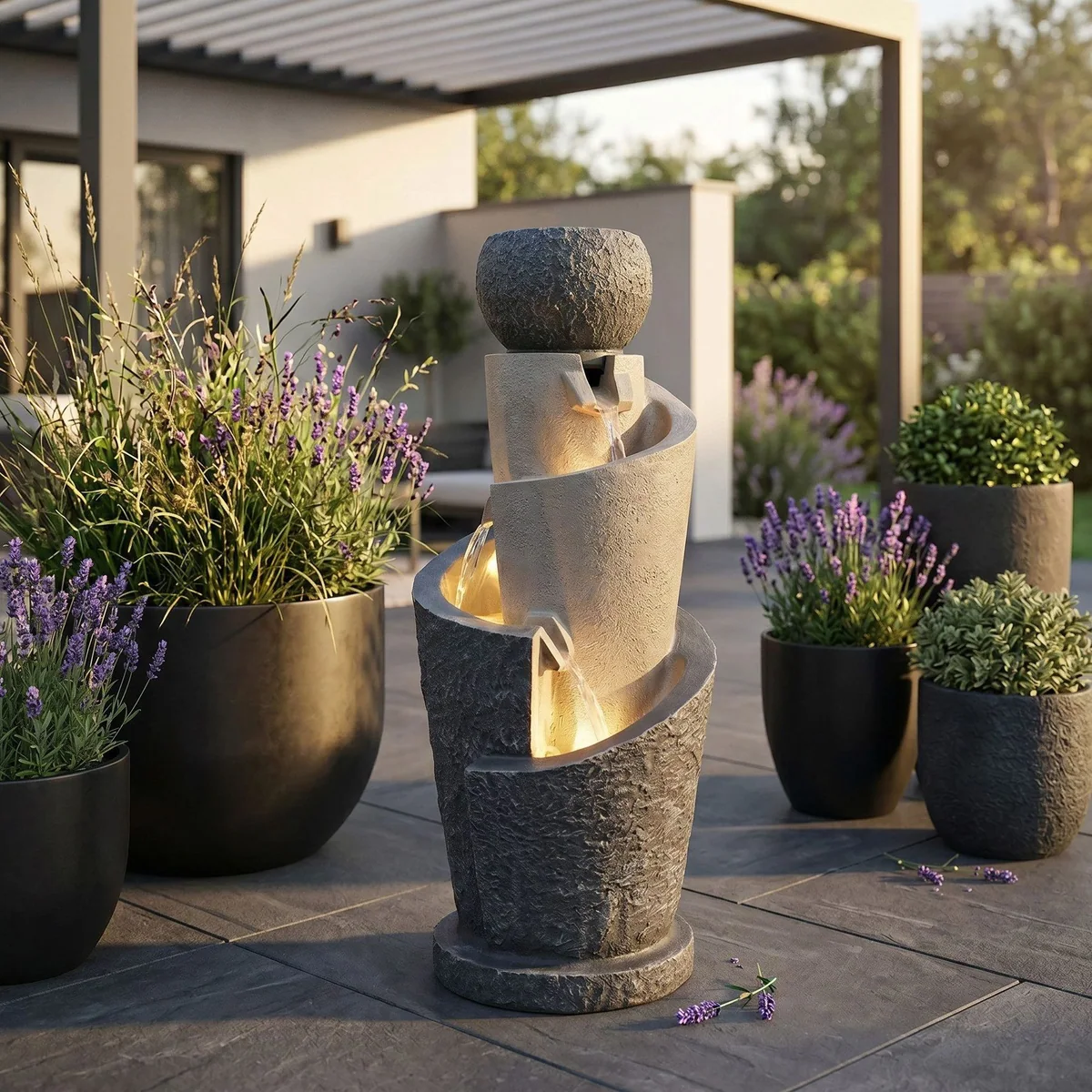 Arnusa Gartenbrunnen, LED-Beleuchtung, 66 cm Höhe, inklusive Dekobecken 2