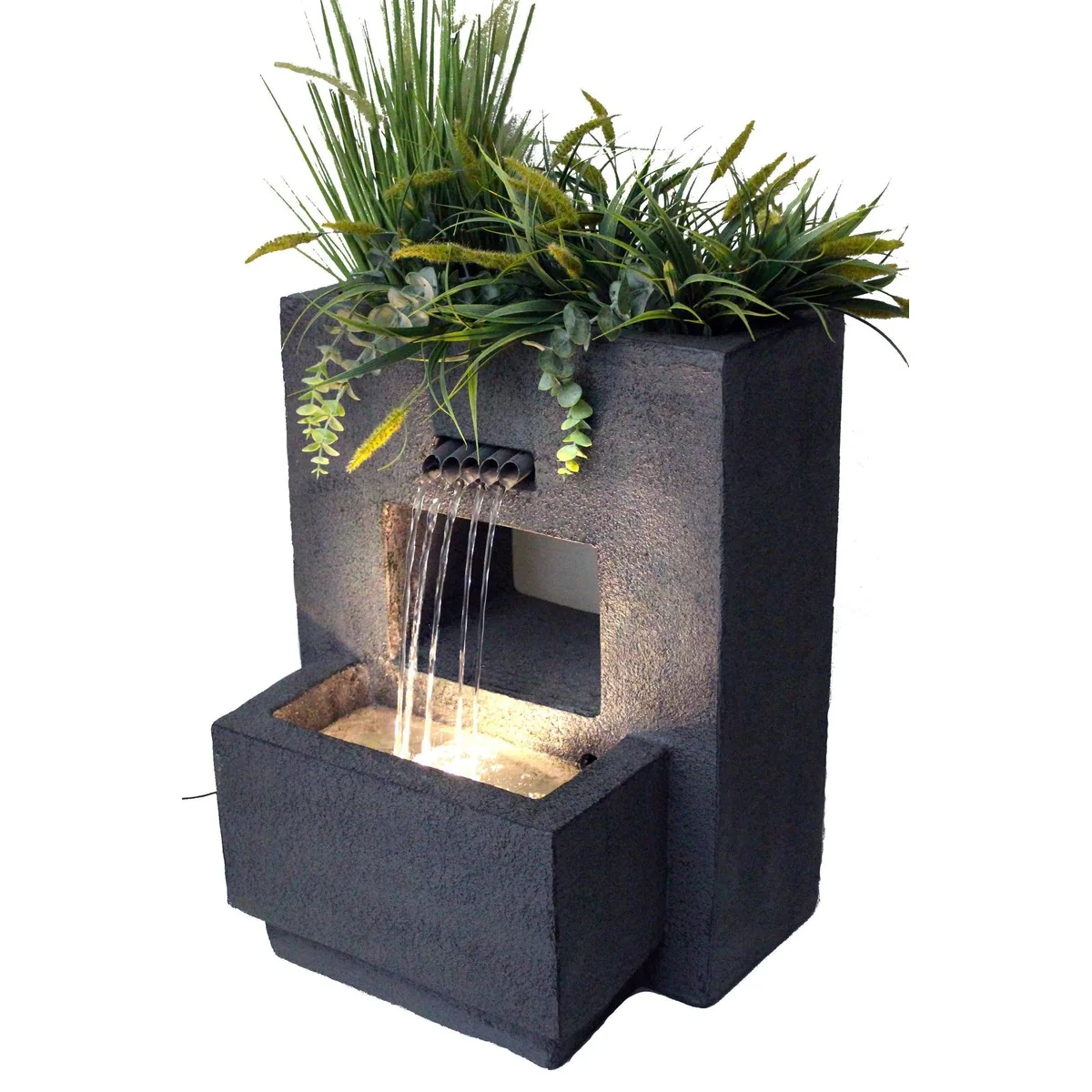 Arnusa Gartenbrunnen Springbrunnen, bepflanzbar, LED-Beleuchtung — Betonoptik, 57x35x45 cm