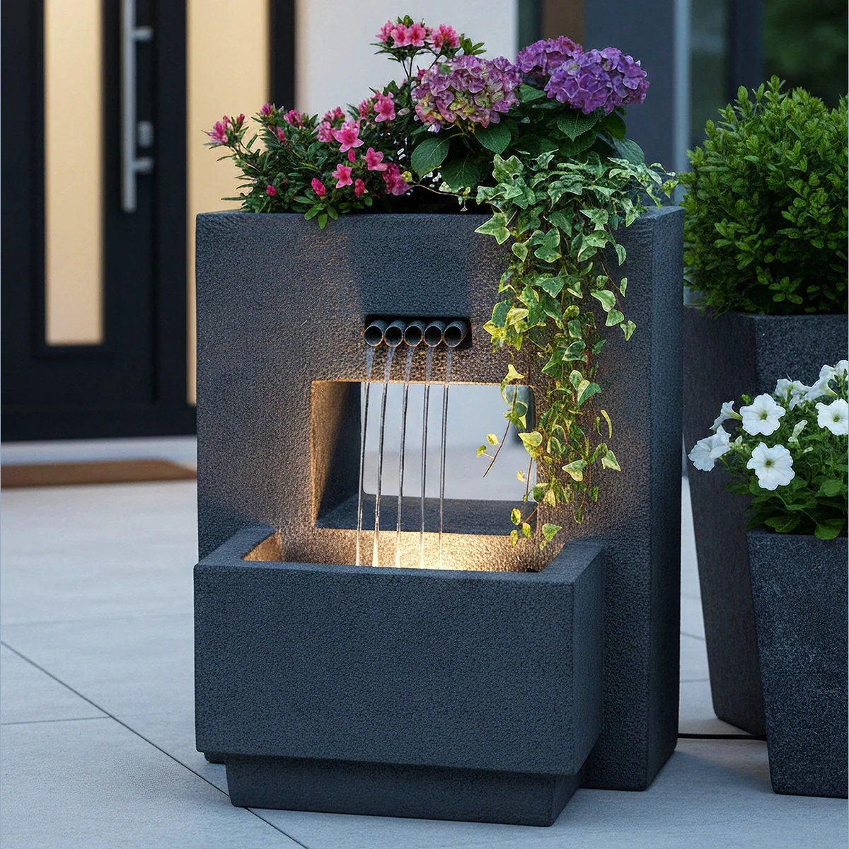 Arnusa Gartenbrunnen Springbrunnen, bepflanzbar, LED-Beleuchtung — Betonoptik, 57x35x45 cm 2