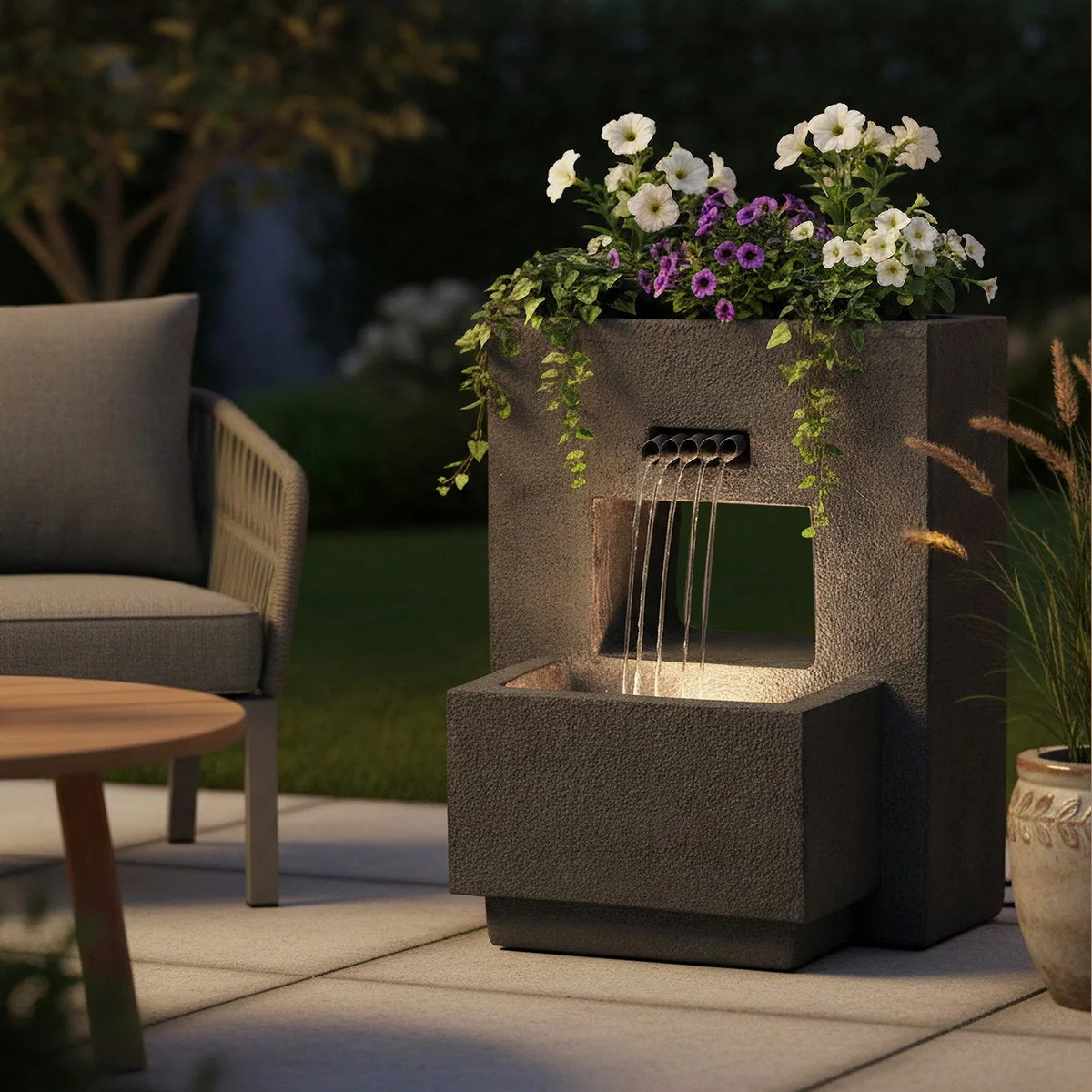 Arnusa Gartenbrunnen Springbrunnen, bepflanzbar, LED-Beleuchtung — Betonoptik, 57x35x45 cm 3