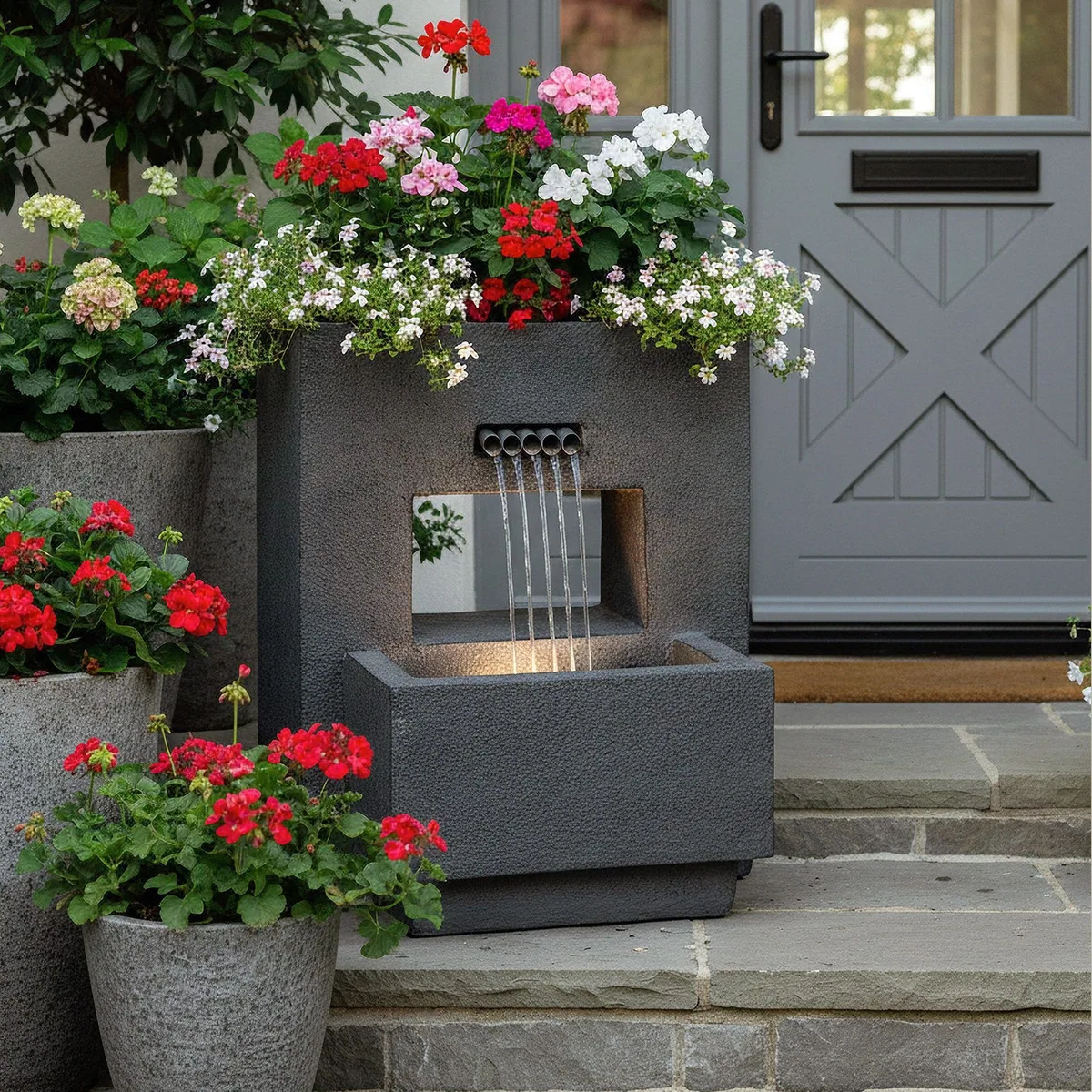 Arnusa Gartenbrunnen Springbrunnen, bepflanzbar, LED-Beleuchtung — Betonoptik, 57x35x45 cm 4