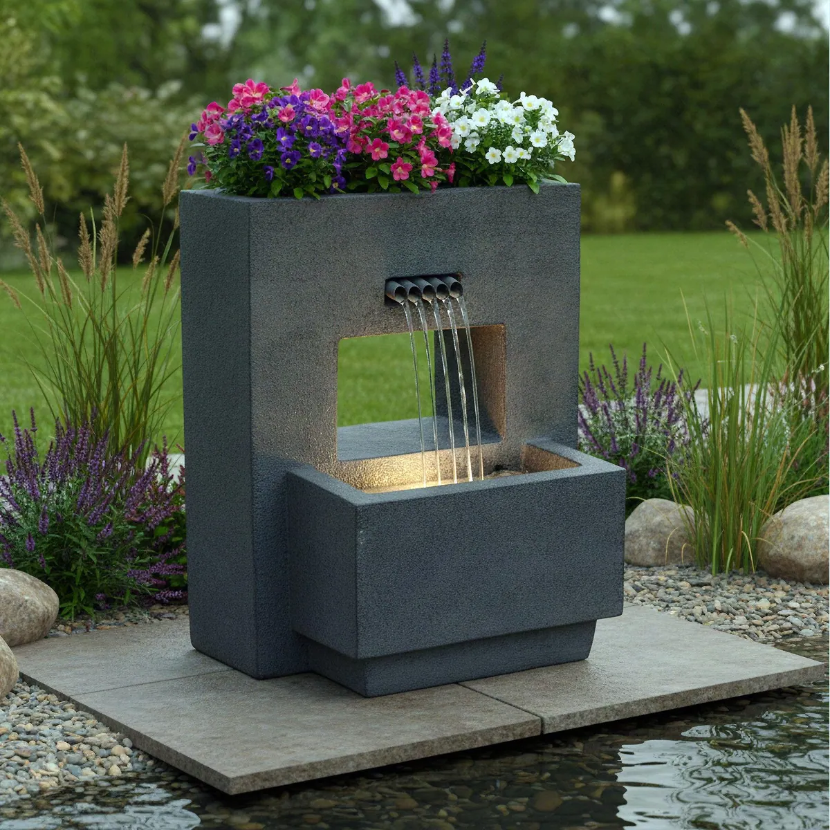 Arnusa Gartenbrunnen Springbrunnen, bepflanzbar, LED-Beleuchtung — Betonoptik, 57x35x45 cm 5