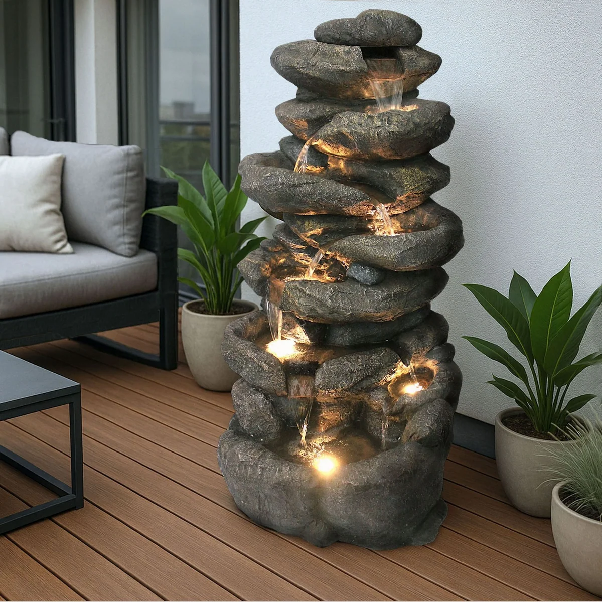 Arnusa Gartenbrunnen BK902, imposante Fels-Optik, LED-Beleuchtung, 100 cm Höhe