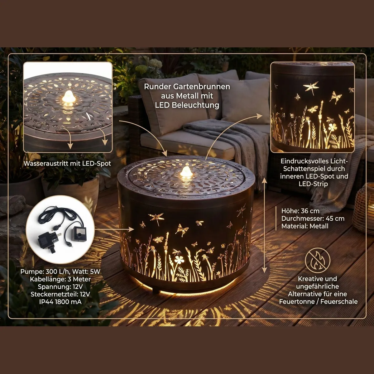 Arnusa Gartenbrunnen BK904, stilvolles Wasserspiel mit LED-Beleuchtung — 45 cm Durchmesser, dekorative Verzierungen, Innen- & Außenbereich 3