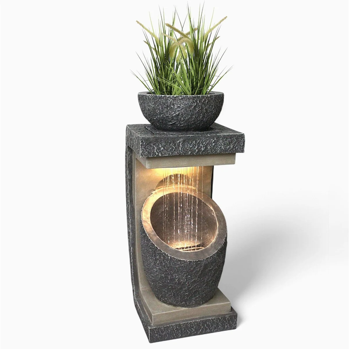 Arnusa Gartenbrunnen, moderne Steinoptik, LED-Beleuchtung, bepflanzbar — 81 cm