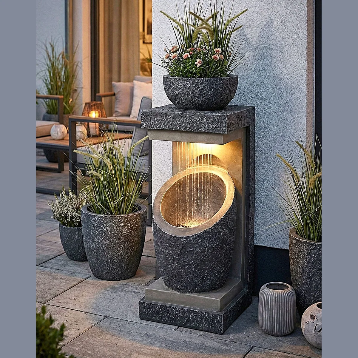 Arnusa Gartenbrunnen, moderne Steinoptik, LED-Beleuchtung, bepflanzbar — 81 cm 2