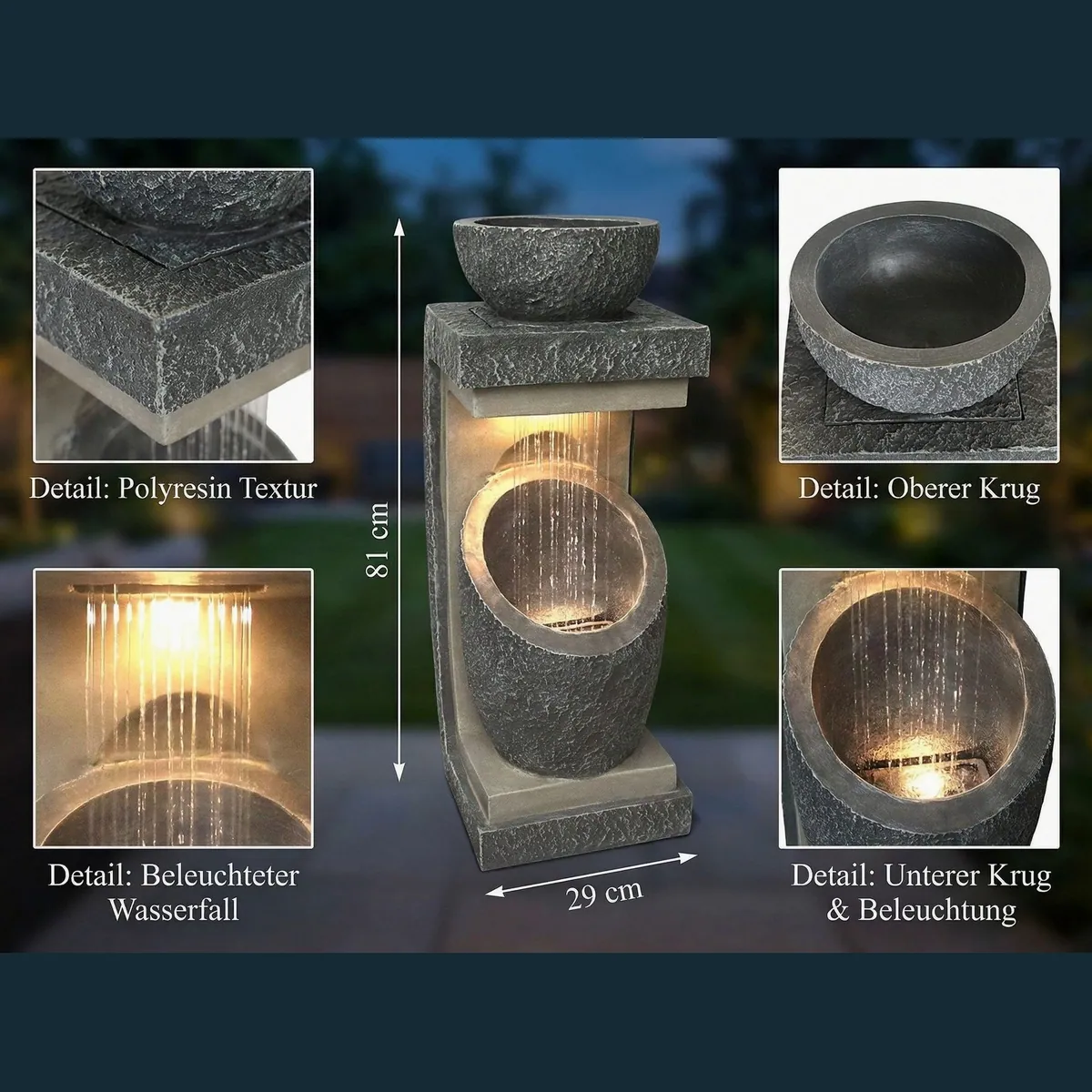 Arnusa Gartenbrunnen, moderne Steinoptik, LED-Beleuchtung, bepflanzbar — 81 cm 5
