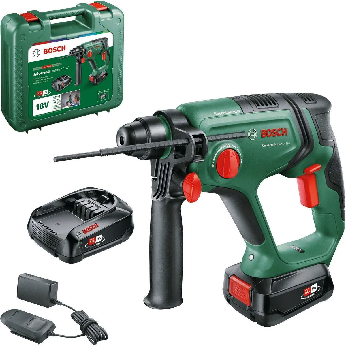 Bosch Home & Garden UniversalHammer, 18V Akku-Bohrhammer mit 2 Akkus und Ladegerät
