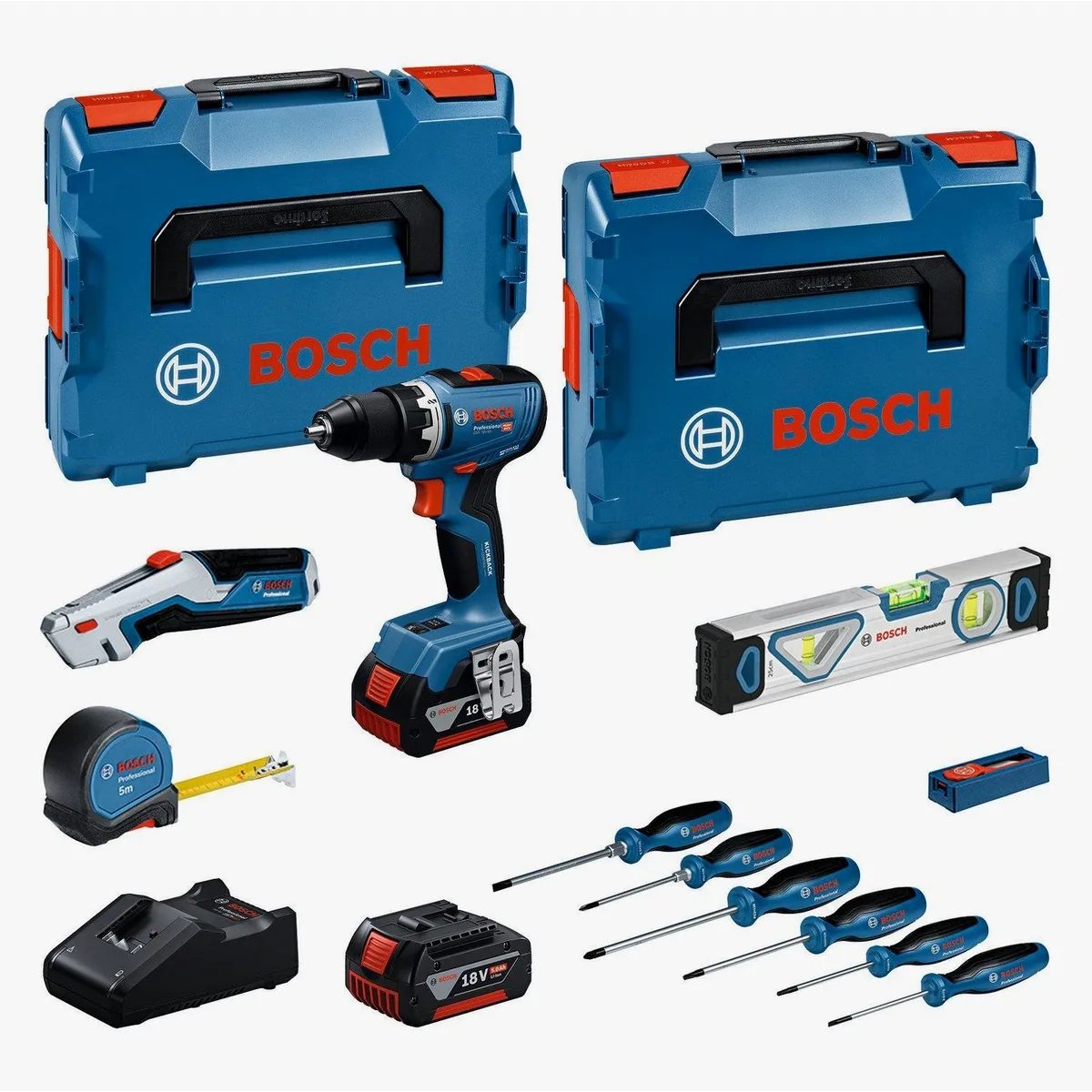 Bosch Professional GSR 18V-65, Akku-Bohrschrauber-Set mit 2 Akkus und 19-tlg. Handwerkzeug-Set
