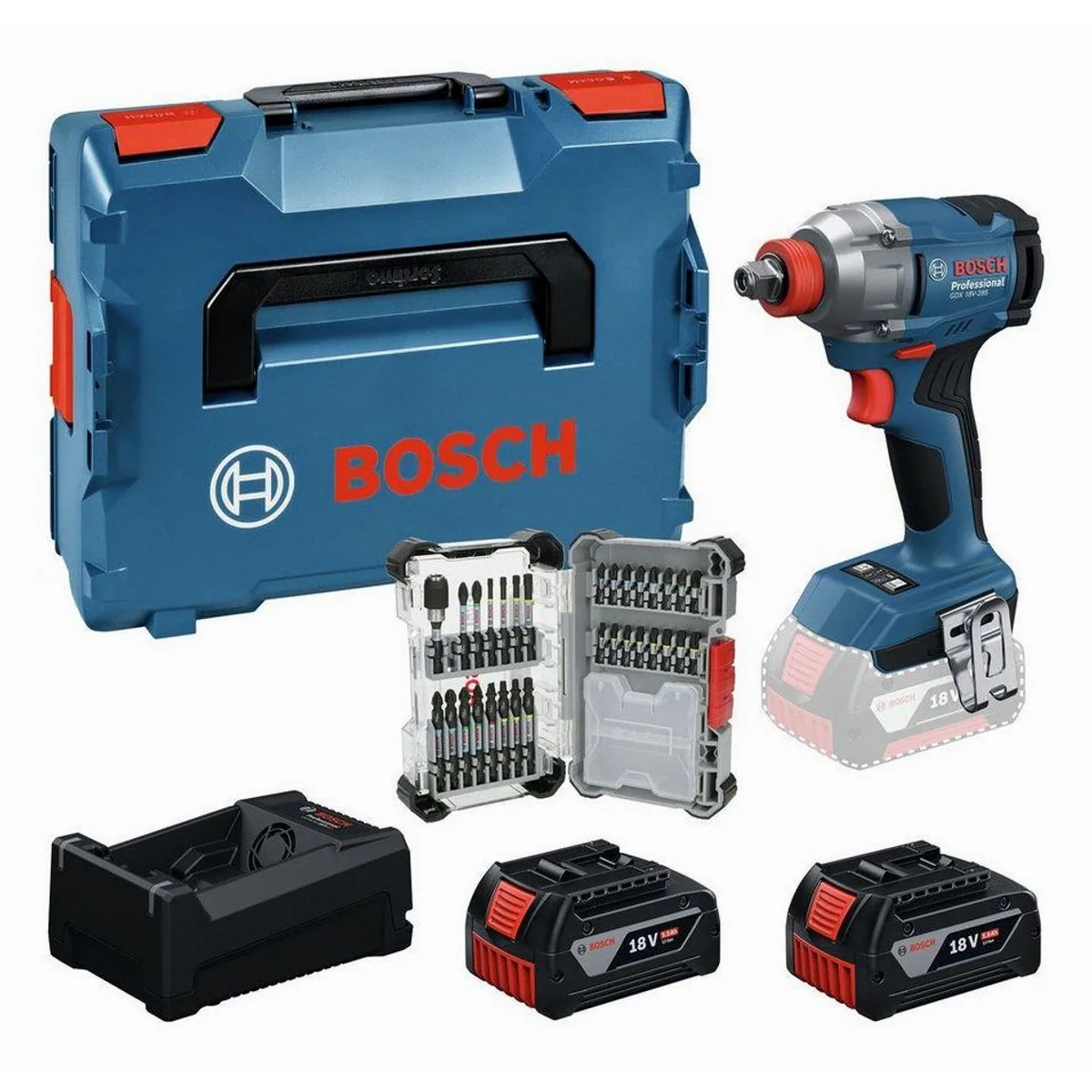 BOSCH GDX 18V-285 Akku-Schlagschrauber, 2x 5 Ah Akku & 31-tlg. Bit-Set — hohe Ergonomie, 285 Nm Drehmoment, 2-in-1-Werkzeughalter