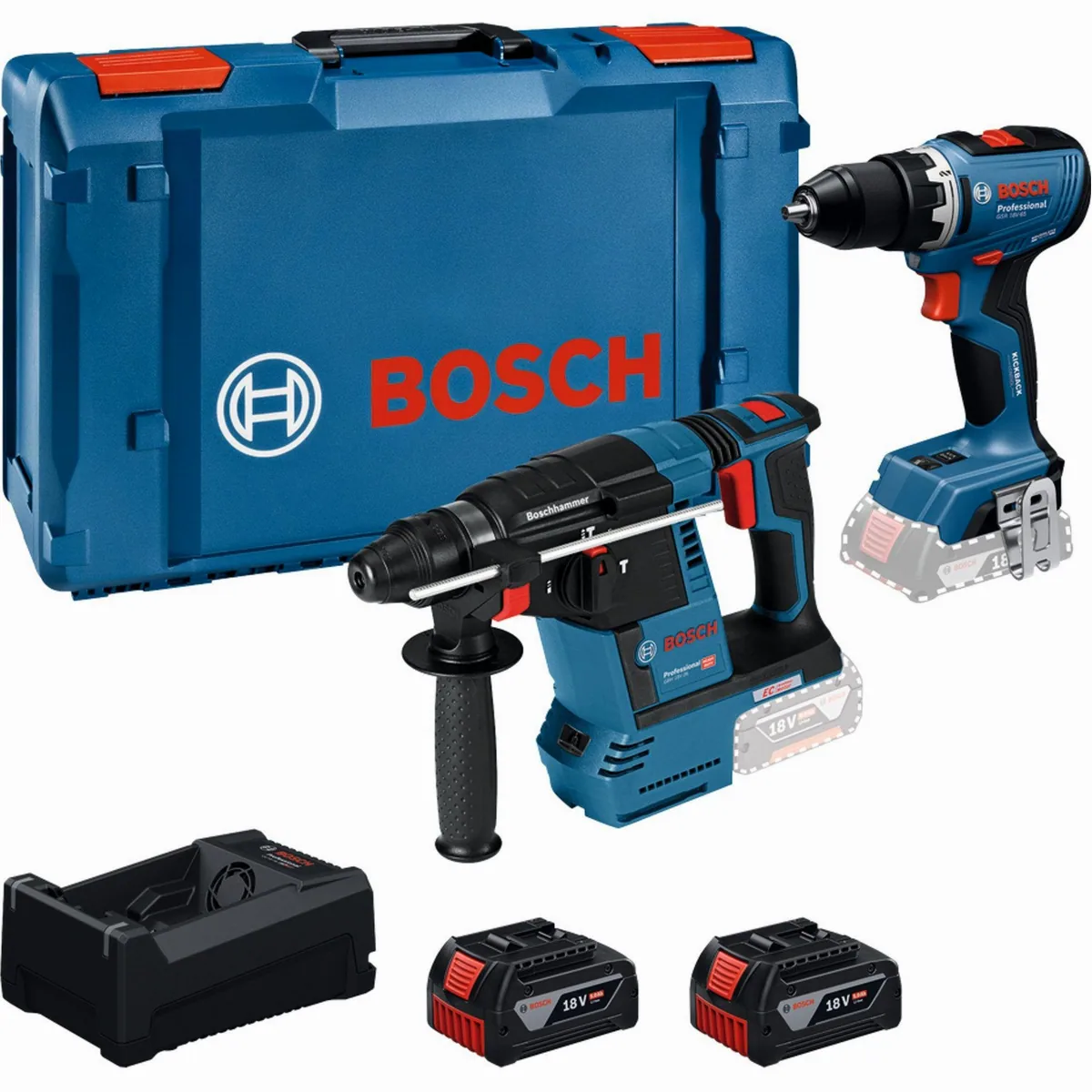 Bosch Professional Combo Kit, Akku-Bohrschrauber 18V & Bohrhammer 18V — hohe Mobilität, vielseitige Anwendungen, robuste XL-BOXX