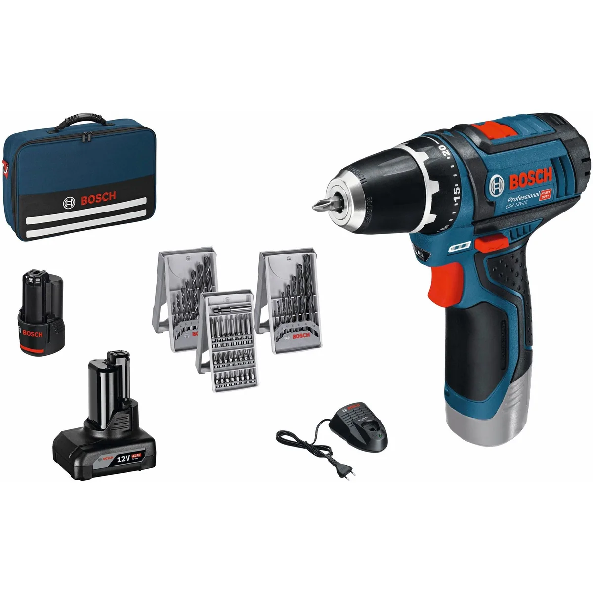 Bosch Professional GSR 12V-15 Akku-Bohrschrauber, 2 Akkus und Ladegerät im Set