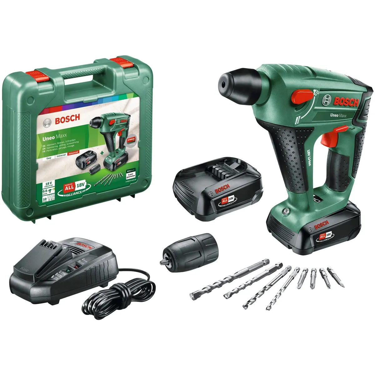 Bosch Home & Garden Uneo Maxx Akku-Bohrhammer, 3-in-1 Funktion, inkl. 2 Akkus und Ladegerät