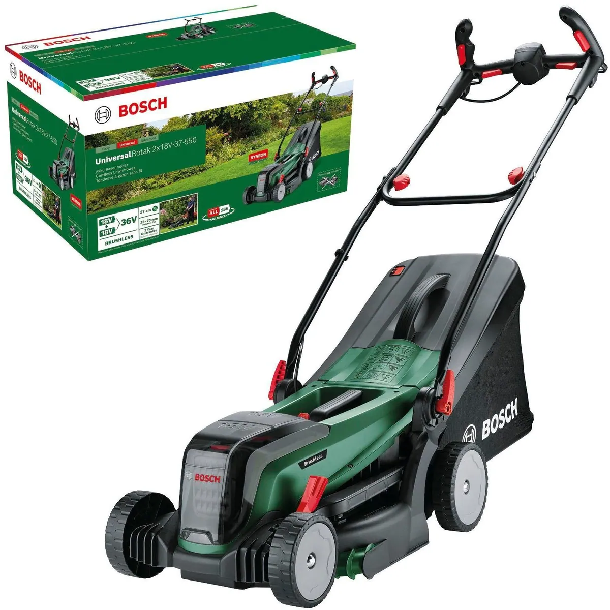 Bosch Home & Garden UniversalRotak 2x18V-37-550, bürstenloser Motor, Ergoflex-Griffe