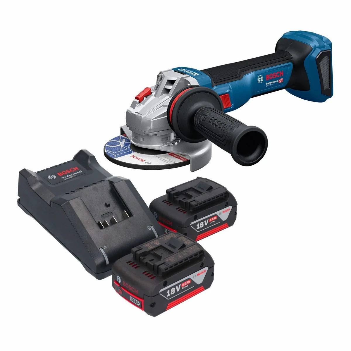 Bosch Professional GWS 18V-11 Akku-Winkelschleifer, 125 mm, 2x 5,0 Ah Akku, Ladegerät