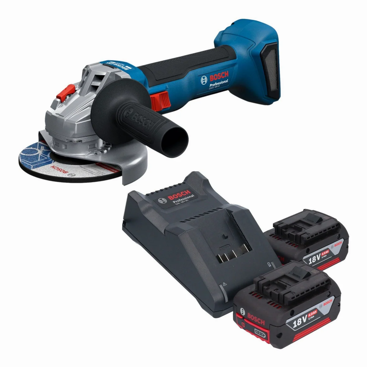 Bosch Professional GWS 18V-8, Akku-Winkelschleifer mit 2x 4,0 Ah Akku — leistungsstark, kompakt, kabellos