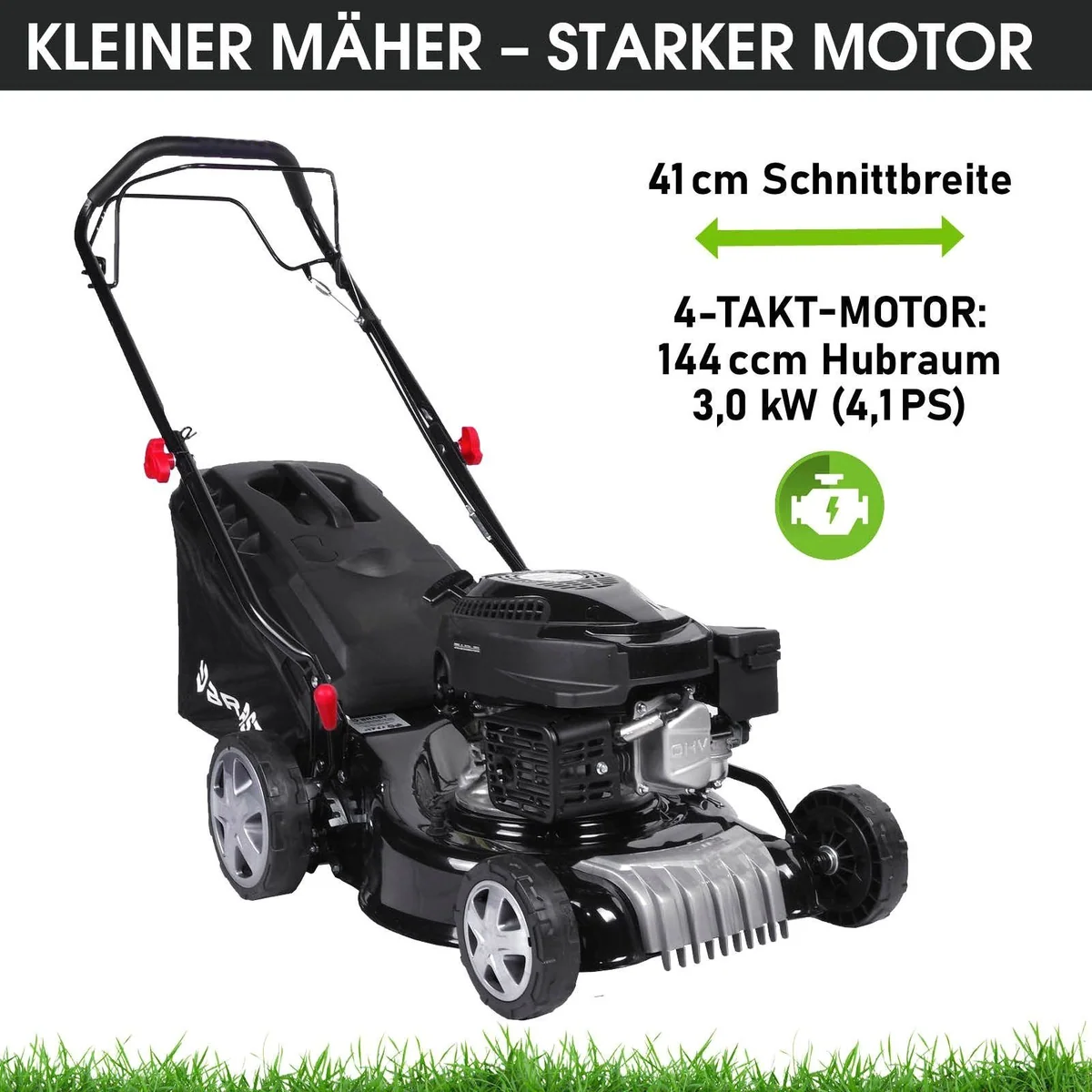 BRAST Benzinrasenmäher 41 cm, 3 kW Motor, TÜV geprüft — 3in1 Mähfunktion, 40L Fangkorb, Stahlgehäuse 2