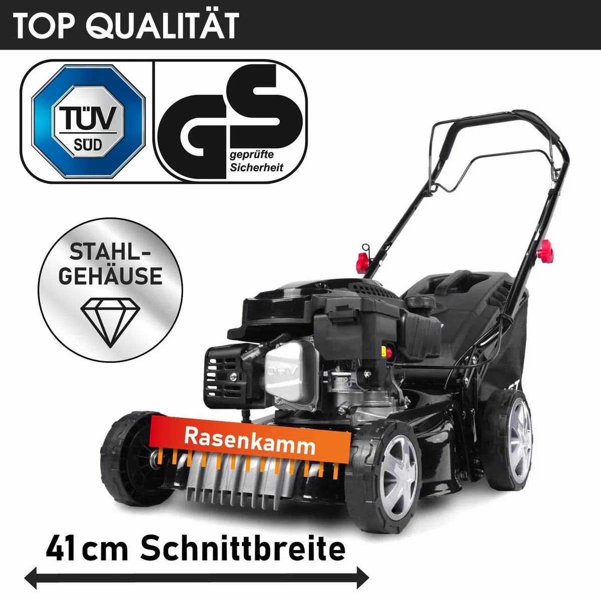 BRAST Benzinrasenmäher 41 cm, 3 kW Motor, TÜV geprüft — 3in1 Mähfunktion, 40L Fangkorb, Stahlgehäuse 3