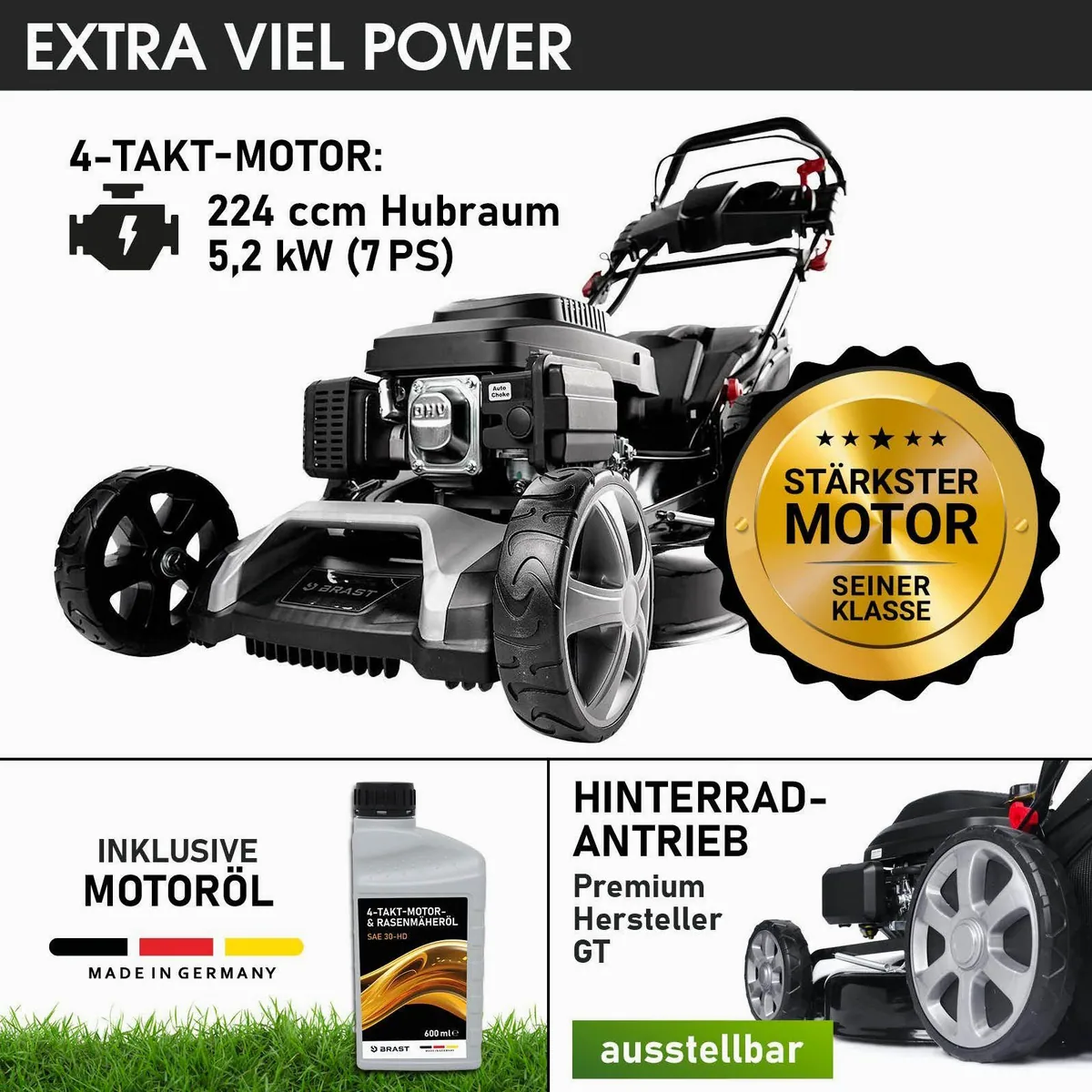 BRAST Benzinrasenmäher 22224, 7PS, 55 cm Schnittbreite, Elektrostarter, 60L Fangkorb 3