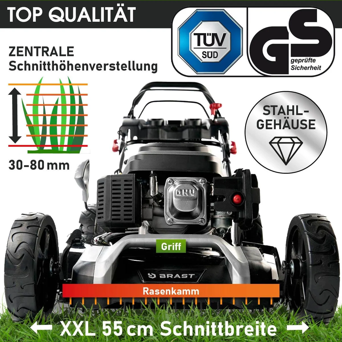 BRAST Benzinrasenmäher 22224, 7PS, 55 cm Schnittbreite, Elektrostarter, 60L Fangkorb 5