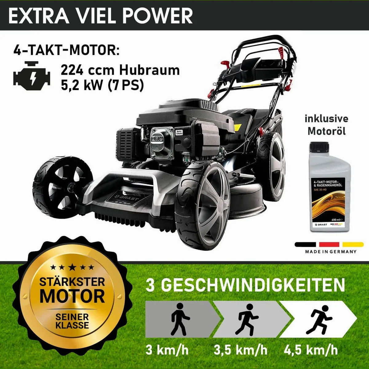 BRAST Benzinrasenmäher 22224, 5,2kW Leistung, 55 cm Schnittbreite, Elektrostarter 3