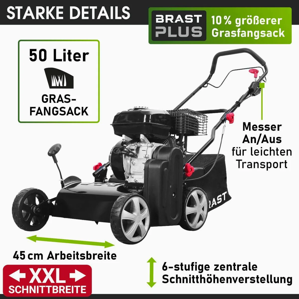 BRAST Benzin-Vertikutierer 4,5kW, 45 cm Arbeitsbreite, 2in1-Funktion, TÜV geprüft 4