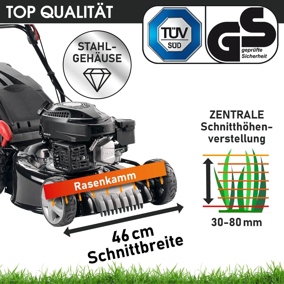 BRAST Benzinrasenmäher 3,5 kW, TÜV geprüft, 46 cm Schnittbreite, 3in1-Funktion 3