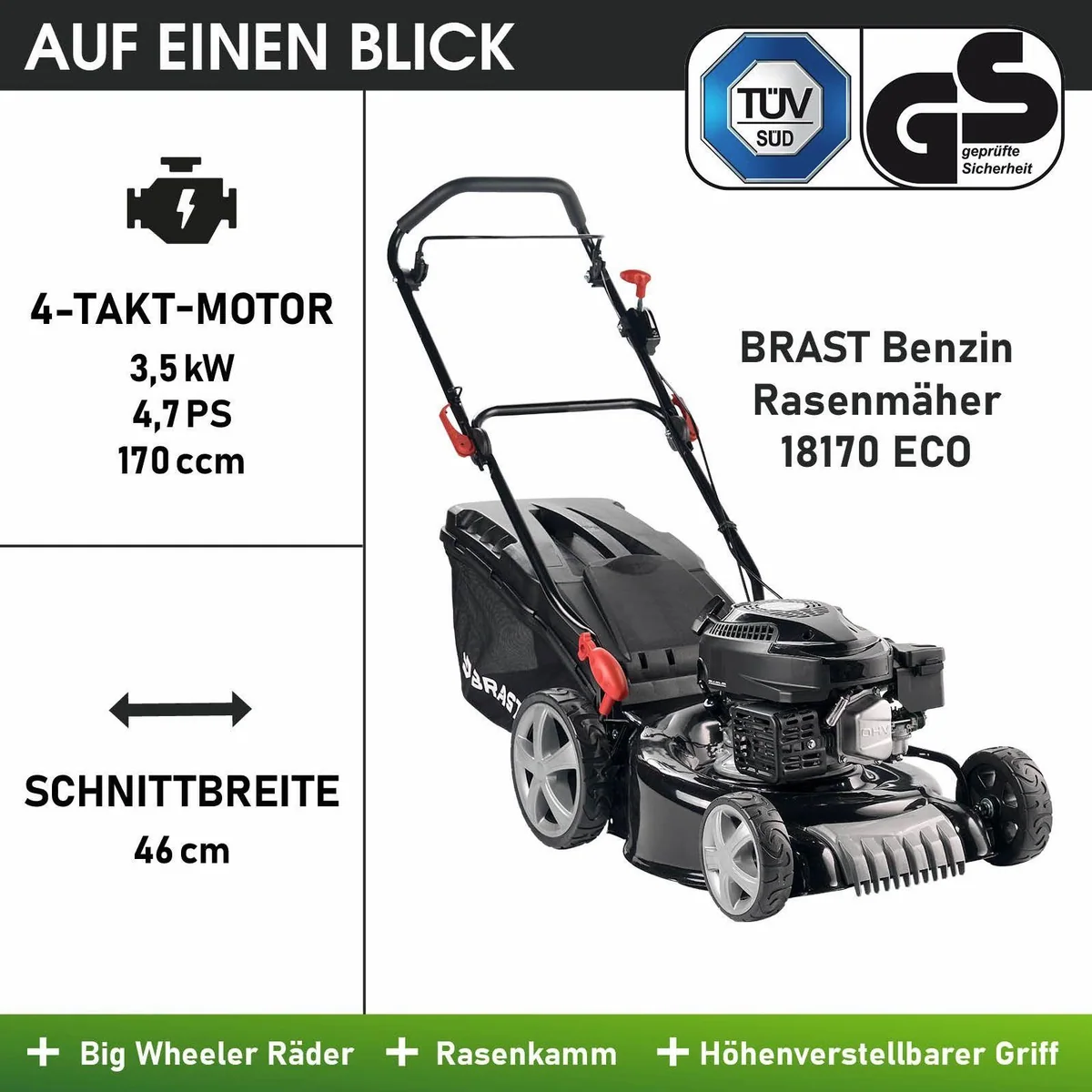 BRAST Benzinrasenmäher 3,5 kW, TÜV geprüft, 46 cm Schnittbreite, 3in1-Funktion 4
