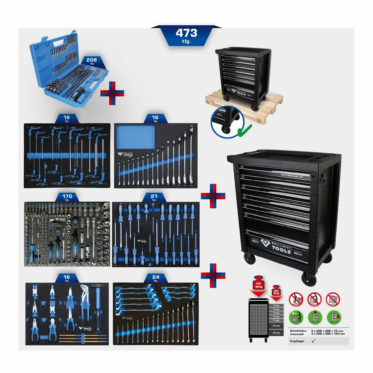 Brilliant Tools Werkstattwagen BT153473, 7 Schubladen, 473 Werkzeuge, hohe Tragkraft