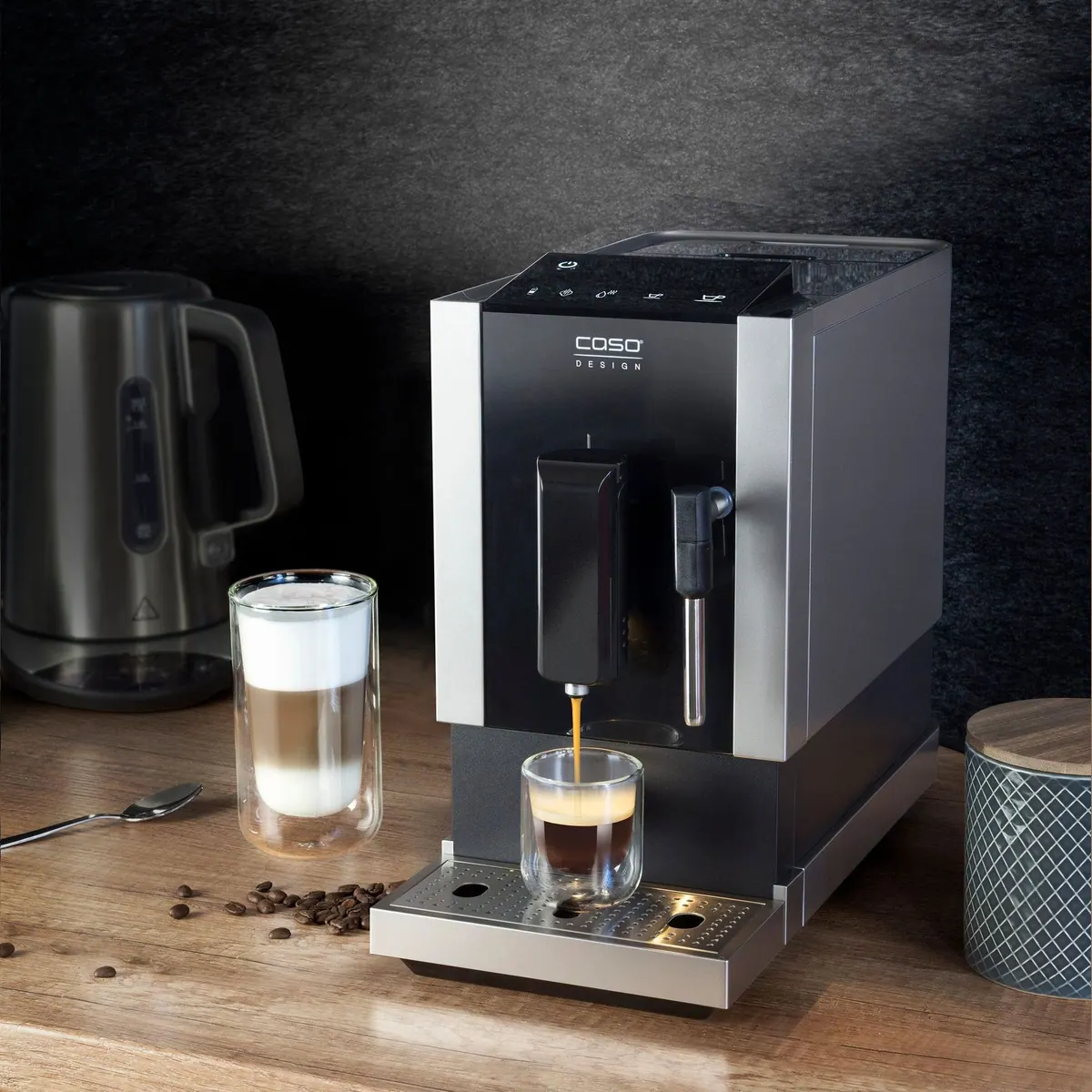 Caso Kaffeevollautomat Café Crema One, platzsparendes Design, Edelstahl-Kegelmahlwerk