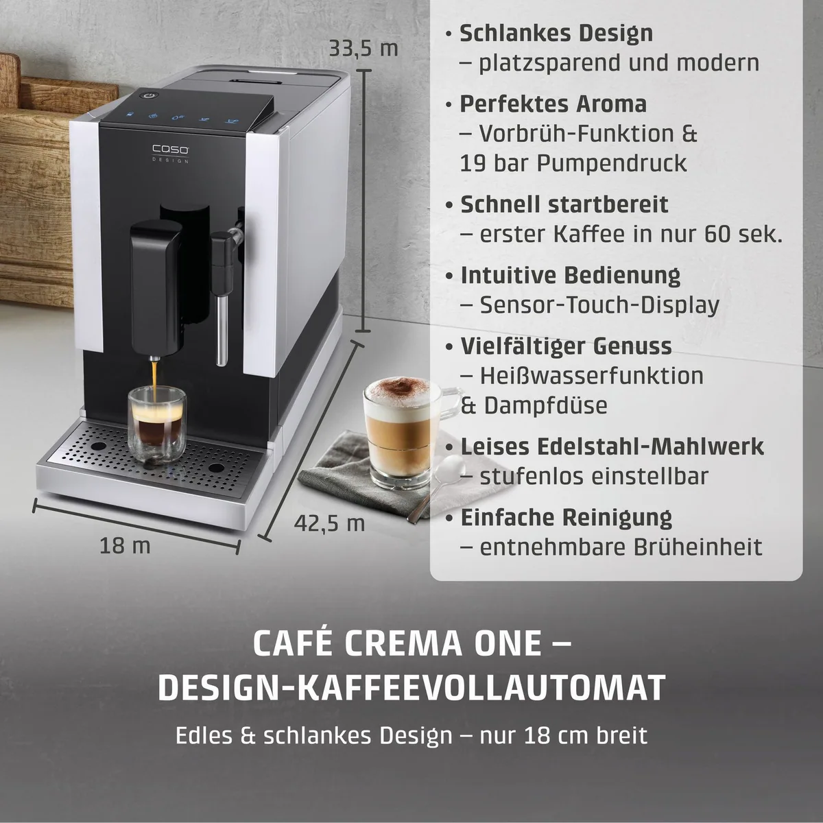 Caso Kaffeevollautomat Café Crema One, platzsparendes Design, Edelstahl-Kegelmahlwerk 3
