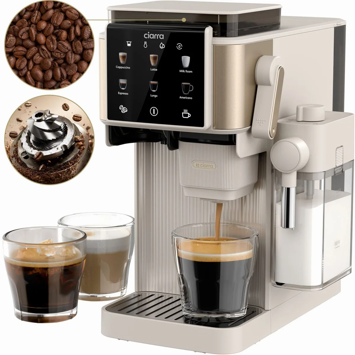CIARRA CBSACM-D6 Kaffeemaschine, 15 Bar Pumpendruck, Mahlwerk & Milchaufschäumer