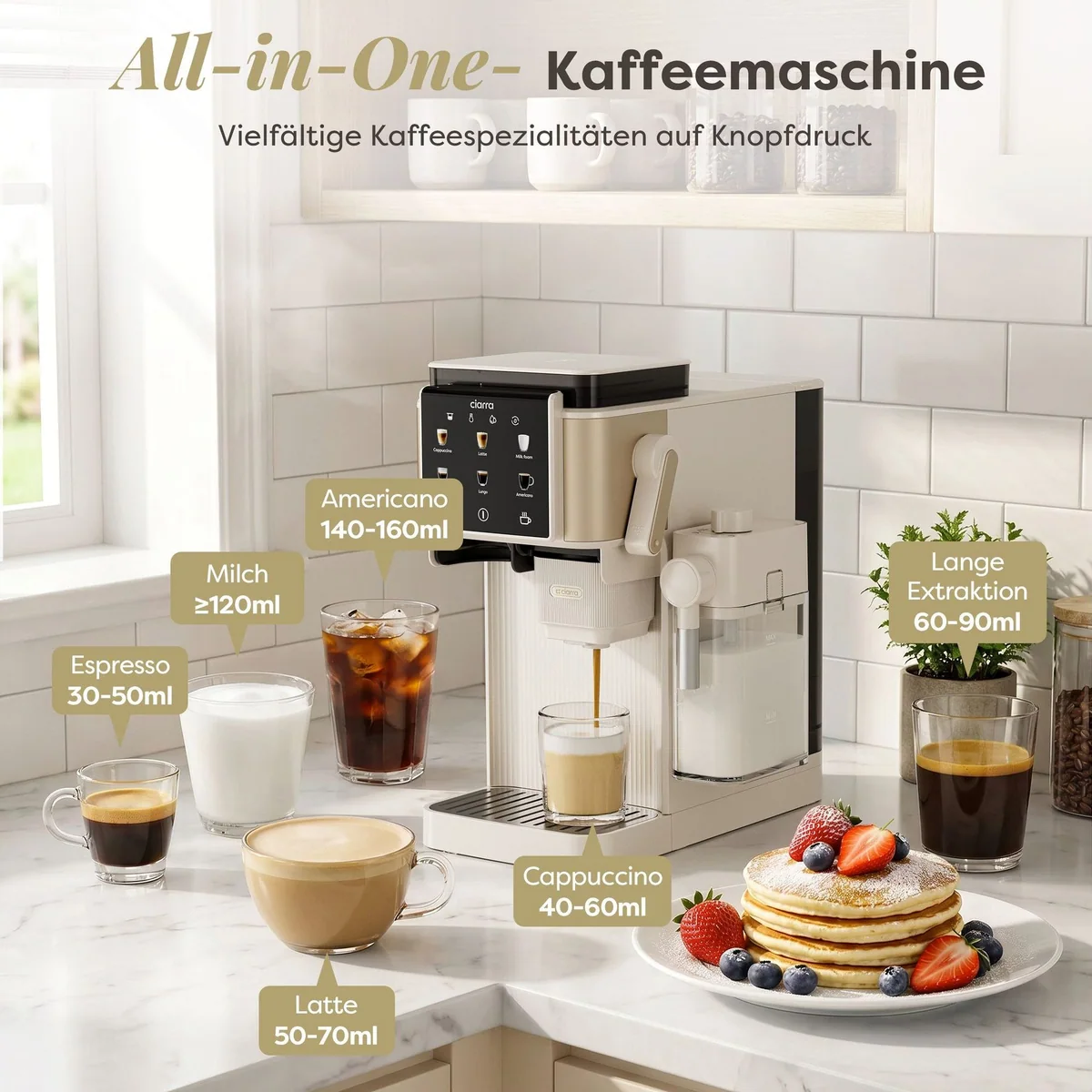 CIARRA CBSACM-D6 Kaffeemaschine, 15 Bar Pumpendruck, Mahlwerk & Milchaufschäumer 2