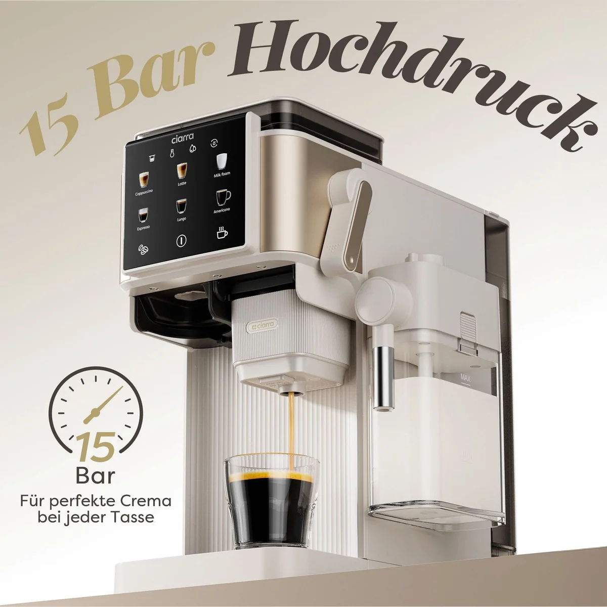 CIARRA CBSACM-D6 Kaffeemaschine, 15 Bar Pumpendruck, Mahlwerk & Milchaufschäumer 5