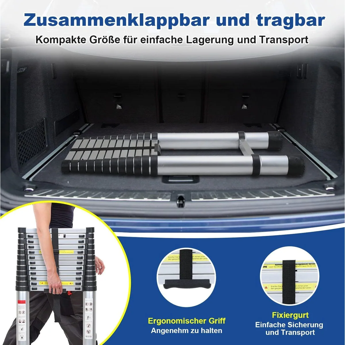 Clanmacy Teleskopleiter 5m, Aluminium, 150 kg Tragkraft, rutschfeste Trittstufen 2