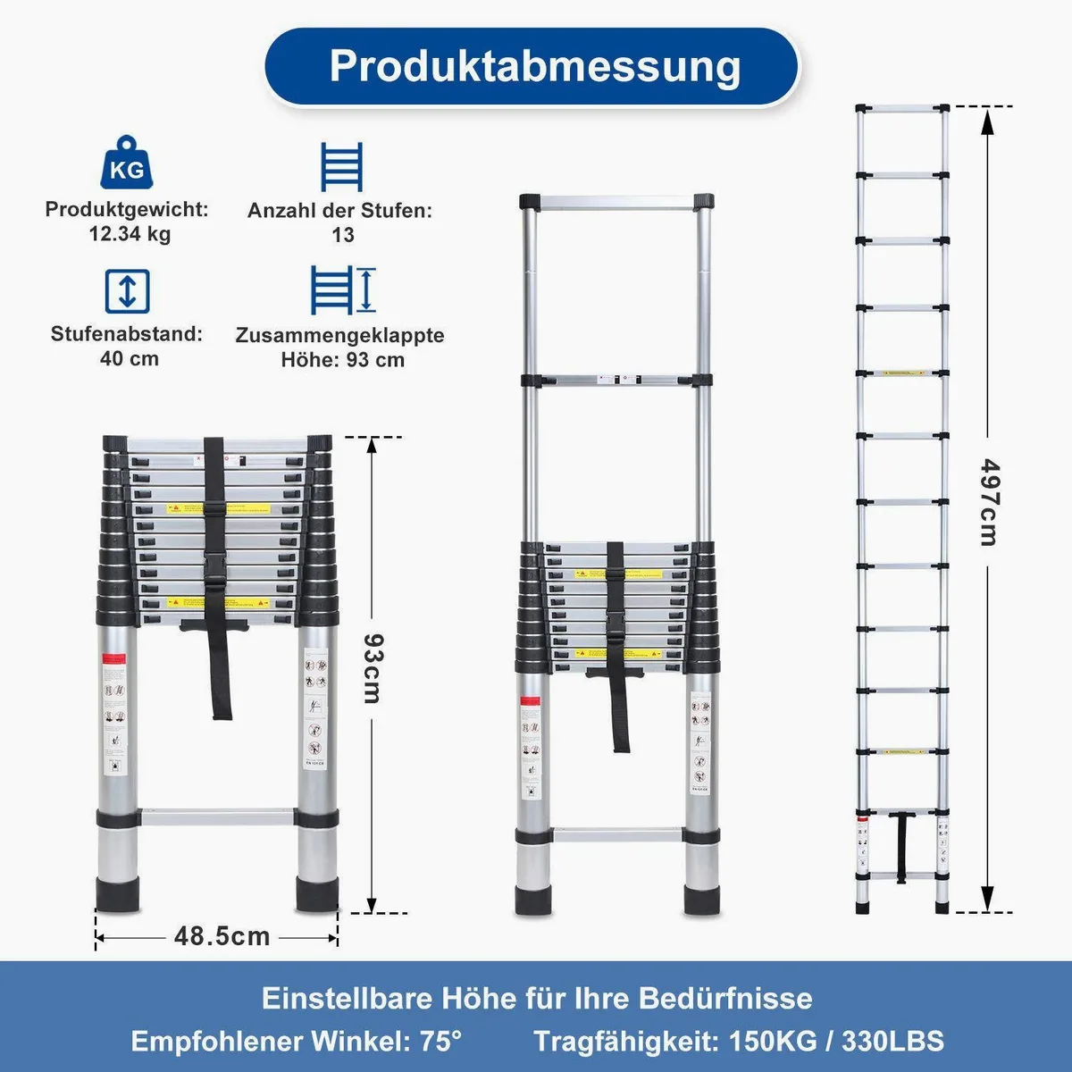 Clanmacy Teleskopleiter 5m, Aluminium, 150 kg Tragkraft, rutschfeste Trittstufen 4