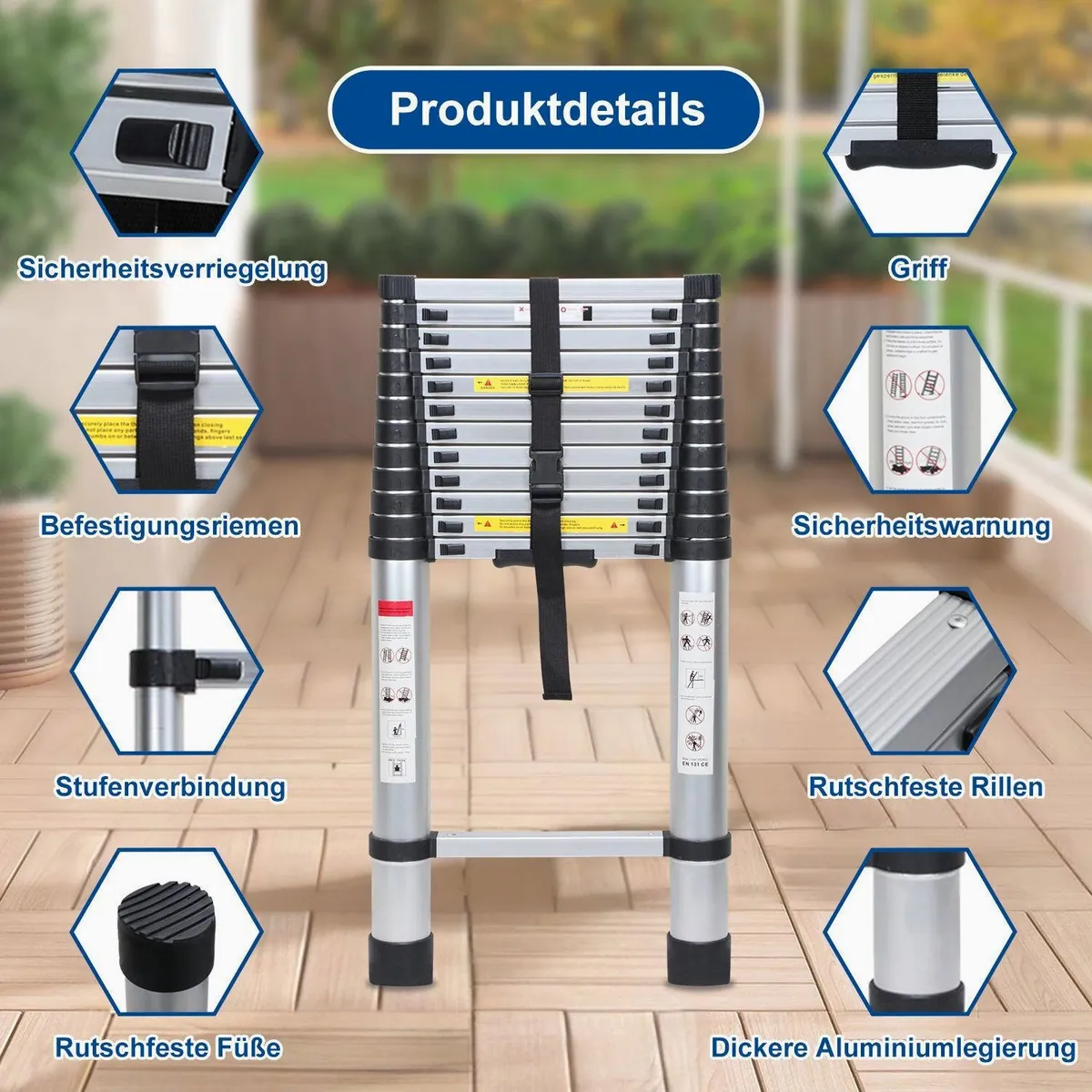 Clanmacy Teleskopleiter 5m, Aluminium, 150 kg Tragkraft, rutschfeste Trittstufen 5
