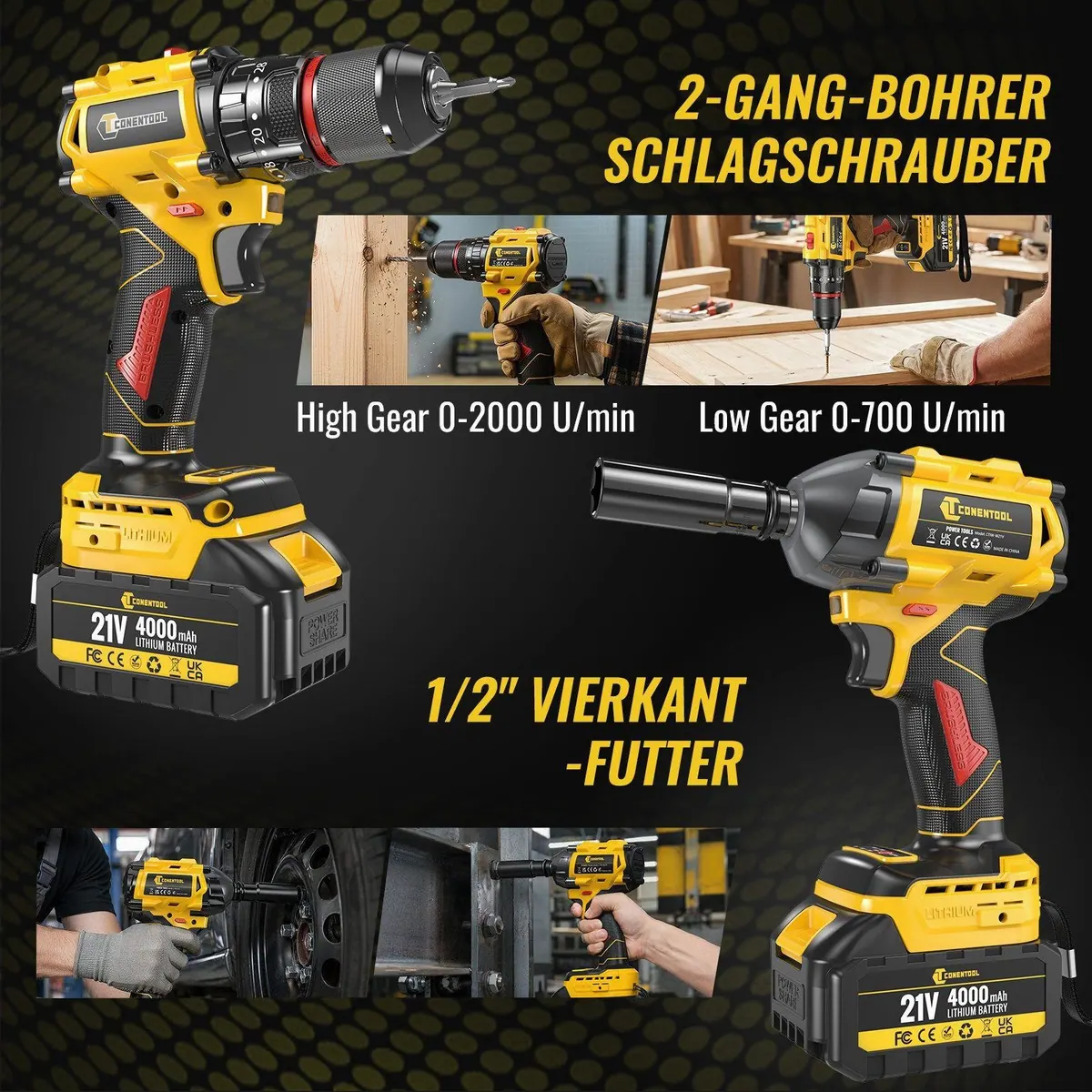 CONENTOOL Akku-Schlagschrauber 21V Set, 500 Nm Drehmoment, inkl. 2 Akkus und Werkzeugkoffer 2
