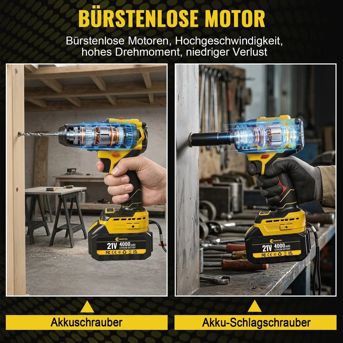 CONENTOOL Akku-Schlagschrauber 21V Set, 500 Nm Drehmoment, inkl. 2 Akkus und Werkzeugkoffer 3